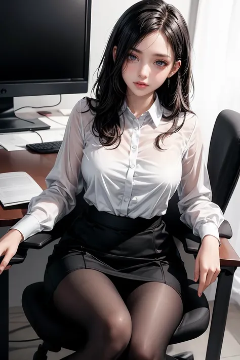 (masterpiece, best quality), a young black haired girl office secretary dressed in a transparent white blouse and black office skirt and black pantyhose ,sitting in an office chair, holding pencil, (detailed skin:1.3),(detailed eyes), (sharp focus), <lora:add_detail:1>