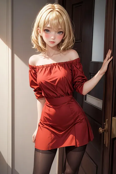 (masterpiece, best quality), 1girl, blonde hair, red dress, pantyhose, cute face, blush, <lora:add_detail:1>