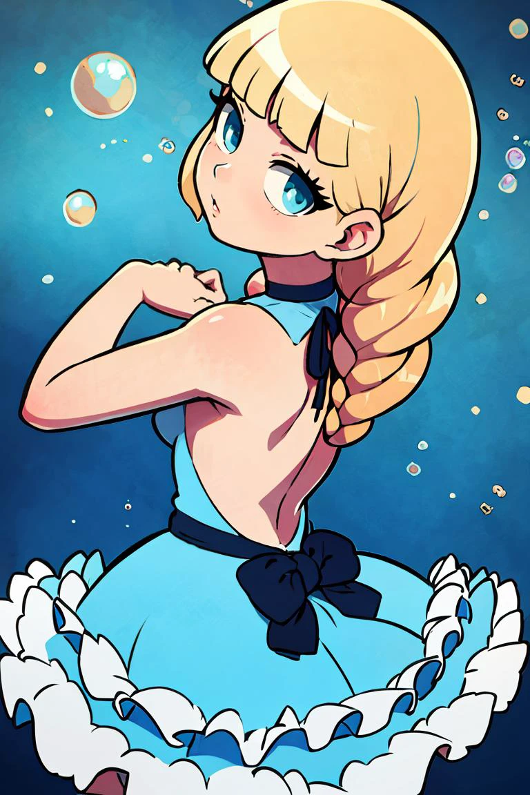 <lora:the_other_half_style:0.8>,centered, award winning photo, (looking at viewer:1.2), | | underwater, bubbles, coral reef, | bokeh, depth of field, cinematic composition, | <lora:Squirtle_Pokemon:0.8> 1girl, blue eyes, very long hair, blonde hair, long blonde hair,( french braid:1.1), bangs, medium breasts, hair ribbon, frilled choker, criss-cross halter, (blue dress:1.1), sleeveless dress, high-waist skirt, backless dress, waist bow, black detached sleeves, frilled sleeves,