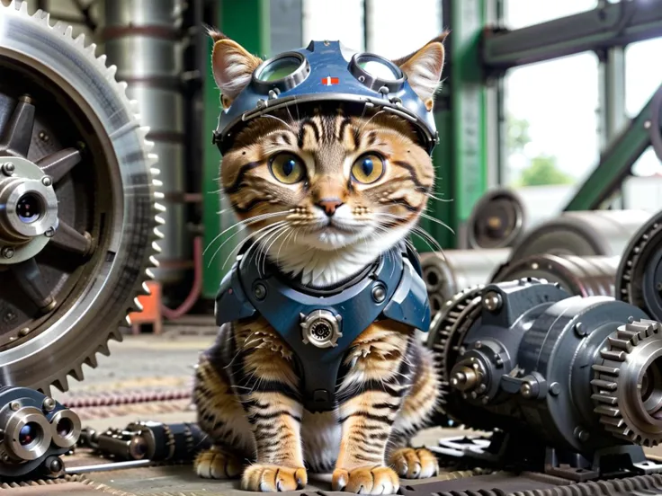 industrial, A cute cat wearing  Iron gray protective gear, guarding a pile of gears