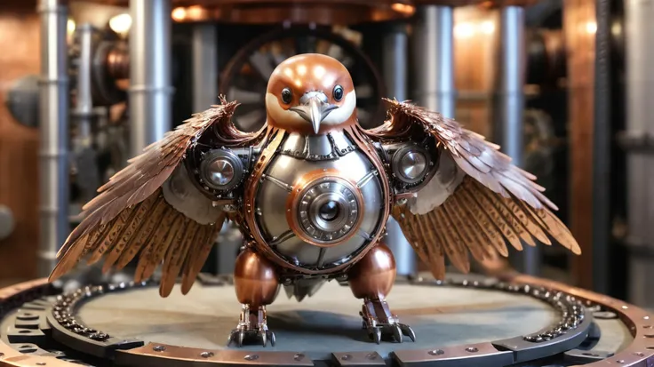 An industrial mechanical monster penguin with spread wings. bearings and chains holding the body and wings together. Incredibly intricate and highly detailed  copper feathers.