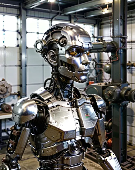 industrial, a male humanoid made of polished steel with mechanical body parts and robot arms, hinges with chains, messy background