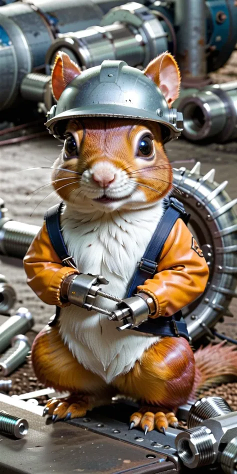 industrial, A cute squirrel wearing  Platinum protective gear, guarding a pile of bolts