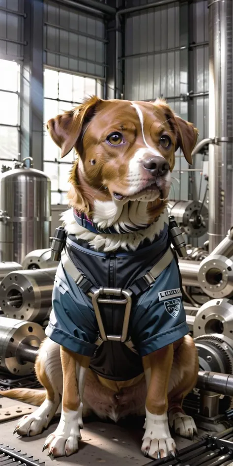 industrial, A cute dog wearing  Platinum protective gear, guarding a pile of bolts