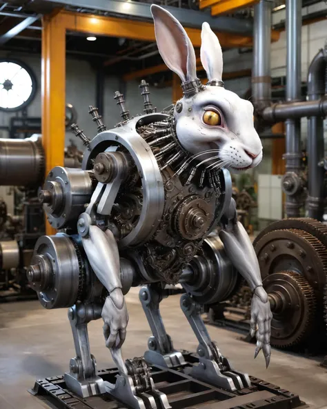 An industrial mechanical monster rabbit. gears and chains holding the body and legs together. Incredibly intricate and highly detailed  steel ears. Ready to jump.