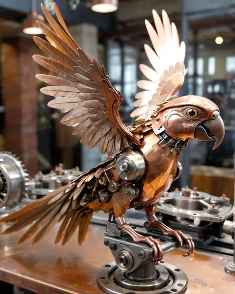 An industrial mechanical monster parrot with spread wings. bearings and nuts holding the body and wings together. Incredibly intricate and highly detailed polished copper feathers.