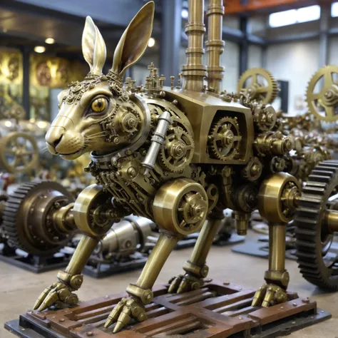 An industrial mechanical monster hare. nuts and gears holding the body and legs together. Incredibly intricate and highly detailed  brass ears. Sleeping.