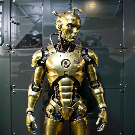 industrial, wearing a Flint Gray jumpsuit, a male humanoid made of brushed brass with mechanical body parts and robot arms, hinges with nuts, sheets background