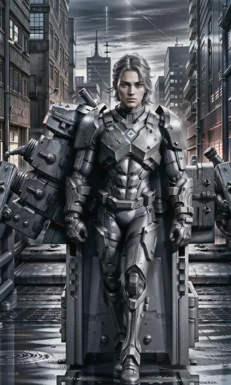 industrial, a full-body portrait of an android soldier wearing brushed Iron gray Slate Gray protective gear in a cityscape at nighttime, bolts