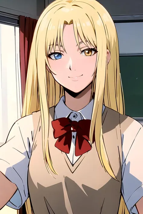 masterpiece, best quality, highres, 1girl, solo, Urumi_Kanzaki, school_uniform, blonde hair, smile, looking_at_viewer, red_bow, classroom, (heterochromia, blue eyes, brown eyes:1.2), <lora:Urumi_Kanzaki:0.6>