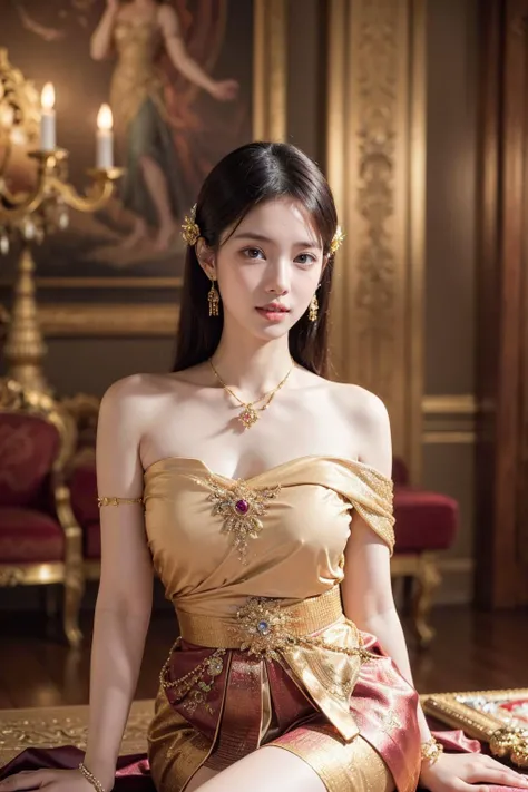 ultra wide shot,
queen,glamor,((bare shoulders)),large breasts,((thick thigh)),the best anatomy,
ThaiDress,necklace,
indoors,palace,luxury,castle,
((realistic background)),((realistic)),masterpiece,highres,
<lora:9_ThaiDress:0.8>,