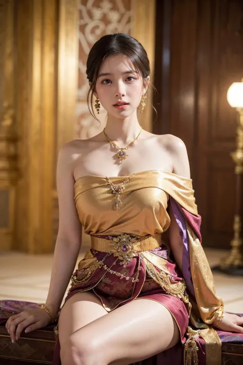 ultra wide shot,
1girl,glamor,((bare shoulders)),large breasts,((thick thigh)),the best anatomy,
ThaiDress,necklace,
palace,luxury,castle,
((realistic background)),((realistic)),masterpiece,highres,
<lora:9_ThaiDress:0.8>,