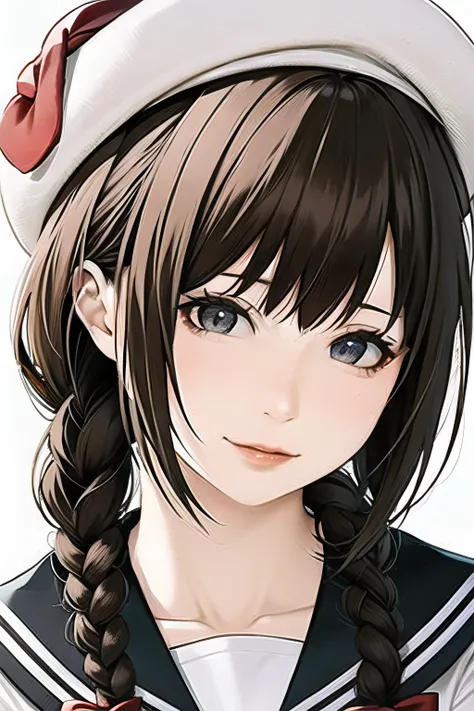 1girl, bangs, beret, black_eyes, black_hair, blue_sailor_collar, blunt_bangs, braid, closed_mouth, grey_eyes, hat, lips, looking_at_viewer, nose, portrait, realistic, sailor_collar, sailor_hat, school_uniform, serafuku, solo, twin_braids, white_headwear
<lora:chunmomo-355:0.8>