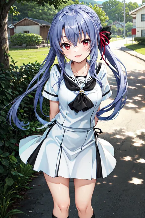 masterpiece,best quality,highres,ultra-detailed,aaao,red eyes,blue hair,long hair,twintails,hair between eyes,bangs,braid,hair ribbon,school uniform,neckerchief,sailor collar,shirt,short sleeves,white skirt,(black socks:1.3),sneakers,<lora:sorakado_ao:0.7>,outdoors,standing,smile,cowboy shot,arms_behind_back,leaning_forward,