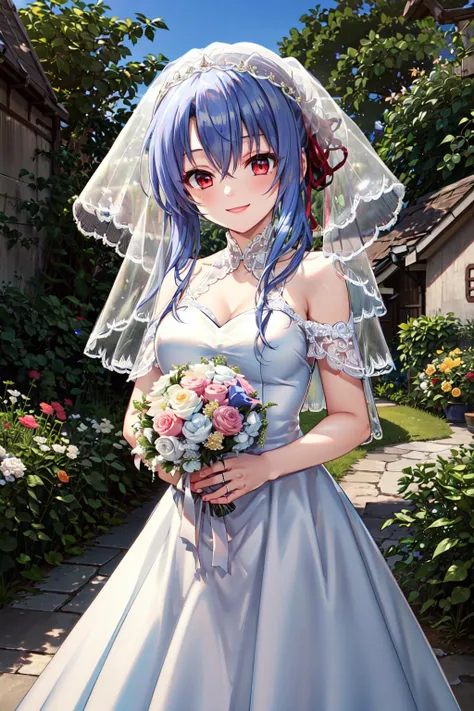 masterpiece,best quality,highres,ultra-detailed,aaao,red eyes,blue hair,long hair,twintails,hair between eyes,bangs,braid,hair ribbon,<lora:sorakado_ao:0.7>,(wedding dress:1.2),white dress,(veil:1.2),garden,smile,outdoors,standing,cowboy shot,holding bouquet,