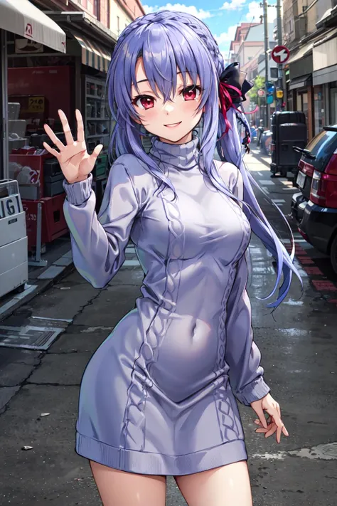 masterpiece,best quality,highres,ultra-detailed,aaao,red eyes,blue hair,long hair,twintails,hair between eyes,bangs,braid,hair ribbon,<lora:sorakado_ao:0.7>,(sweater dress:1.2),(turtleneck:1.2),street,smile,standing,waving,