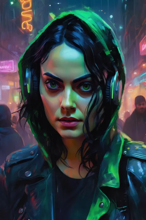 <lora:Sam Spratt Style:1>Sam Spratt Style - Garish Gothic-inspired ink-press close-up portrait of a Camila Mendes with bright green eyes wearing a leather biking jacket and over-ear headphones walking through a crowded city street at night with neon signs and volumetric fog