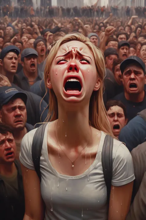 <lora:Sam Spratt Style:1>Sam Spratt Style - realistic style, white girl crying in front of a mob of people who are all pointing at her