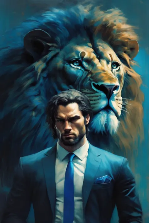 <lora:Sam Spratt Style:1>Sam Spratt Style - The man is handsome and the lion is super realistic. He wears a black suit and a blue tie, and the lion leans sideways behind the character