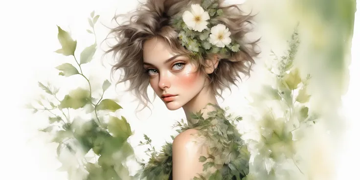 portrait of pretty girl, short messy hair, wearing botanical fashion, <lora:Sam Spratt Style:.3>