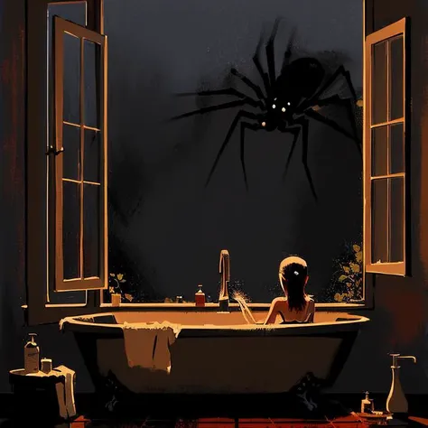 a spider peeks through the window at a girl washing in the bathtub, art by Boris Groh