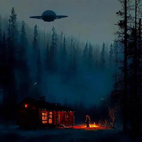 aliens flying around a lonely cabin in the woods, art by Boris Groh