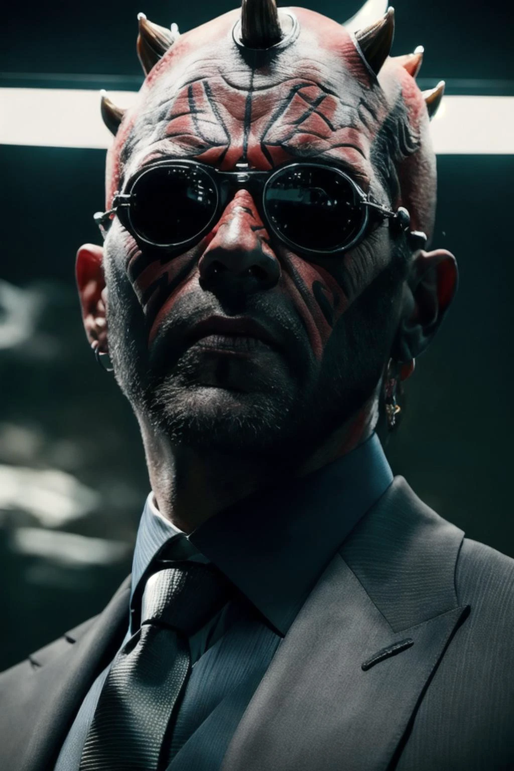 best quality,
dressed in a suit, tie, detailed shaded face,<lora:ARWdarthmaul:1>, darthmaul, portrait, looking at viewer,  from below, glacial sunglasses, (Extremely Detailed Oil Painting:1.2), glow effects, godrays, Hand drawn, render, 8k, octane render, cinema 4d, blender, dark, atmospheric 4k ultra detailed, cinematic sensual, Sharp focus, humorous illustration, big depth of field, Masterpiece, colors, 3d octane render, 4k, concept art, trending on artstation, hyperrealistic, Vivid colors, extremely detailed CG unity 8k wallpaper, trending on ArtStation, trending on CGSociety, Intricate, High Detail, dramatic, absurdes,<lora:epi_noiseoffset2:1>, dark studio, <lora:Glacier Sunglasses:1>