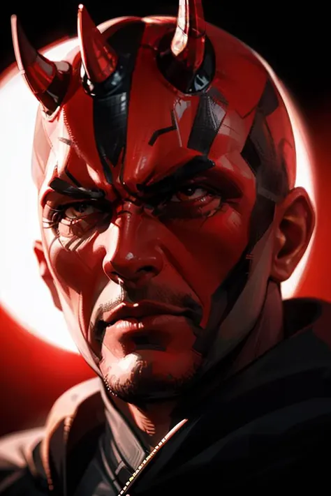 solo, 1 man, close up of angry darthmaul man with sith robe <lora:ARWdarthmaul:1> , low light, dramatics, red light, blurry background, lens flares,