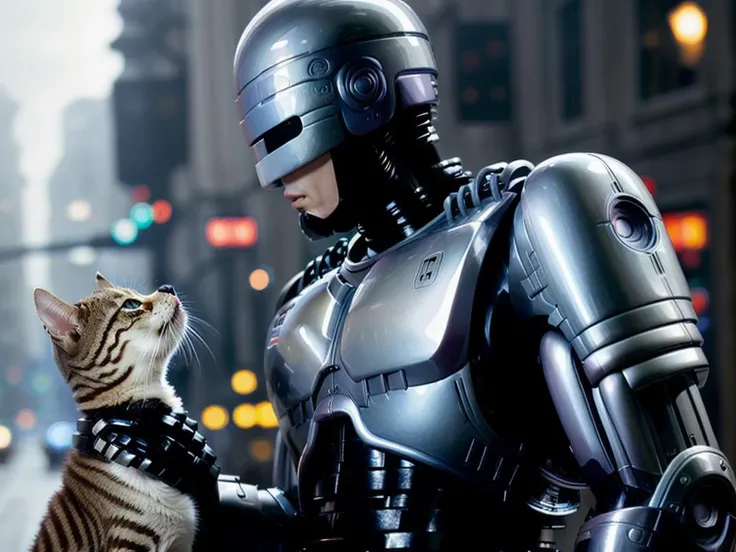 Robocop , petting a cat, photography, trending on artstation, sharp focus, intricate details, high details, 64k, by greg rutkowski <lora:Robocop:0.8>