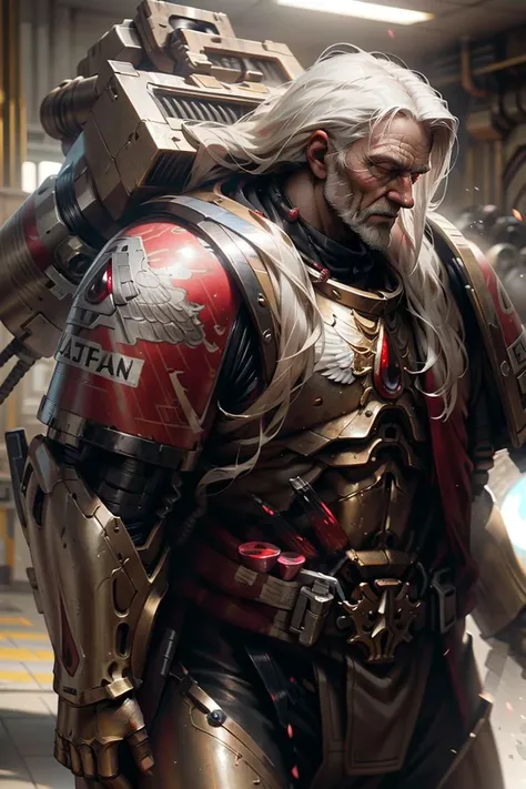 ((sitting in a cafe holding a cup of tea, indoors, battlefield in background with explosions)) <lora:Warhammer_40K_-_Space_Marines_-_White_Scars:0.9> warhammer 40k, white scars, space marines, white power armor, full body, solo, white scars emblem, standing, simple background, curved sword, cape, loincloth, action, damaged, upper body,long hair, scar, mustache, chin beard,