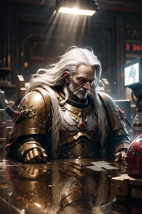 volumetric cinematic lighting, (highly detailed:1.4), digital render, smooth, sharp focus, full body 8k render, action shot, realistic reflections, cinematic composition,
dante, solo, full armor,
close-up, upper body, portrait, helmet removed, old man, long hair, white hair,
<lora:Dante MK1 by CARAXES:0.7>