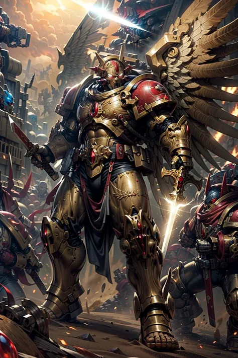 volumetric cinematic lighting, (highly detailed:1.4), smooth, sharp focus, full body 8k unity render, action shot, realistic reflections, cinematic composition, <lora:tool - more_details:0.9> <lora:tool - add_detail:1>
custodes, dreadnaught armor, multipleboys,<lora:Custodes MK1 by CARAXES:0.8>
tall stature, detailed armor, detailed helmet, silver and gold detailing, fur details, cape,
intricate ornamented, full armor, axe and shield, armcannon, 
rugged, metallic sheen armor, dynamic posture, fighting, battle, war, heavy fire, jetbikes flying overhead, 
battle, war-torn, landscape background, particles floating, cloudy ash sky, very dark lighting, light from explosion, heavy shadows,