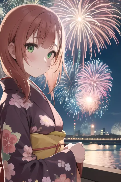 masterpiece, best quality, 1girl, solo, (kimono:1.1), floral print, night, aerial fireworks, natsuaika