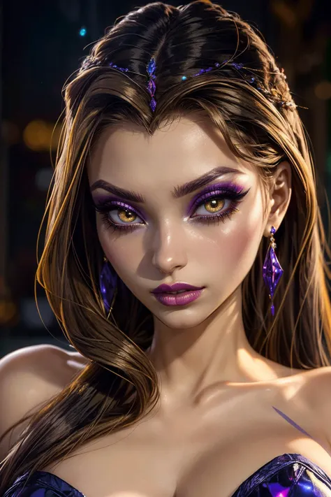 (ultra realistic,32k, masterpiece:1.2),(high detailed skin:1.1),( high quality:1.1),
<lora:WinxClubAmplifiedDarcy:0.8>Darcy, brown hair, yellow eyes, very long hair, (mascara, long lashes:1.1), makeup, blurry background,,(looking at viewer, portrait:1.1),, (huge breast,large breast:1.2),<lora:add_detail:0.94>,
(iridescence:1.1),