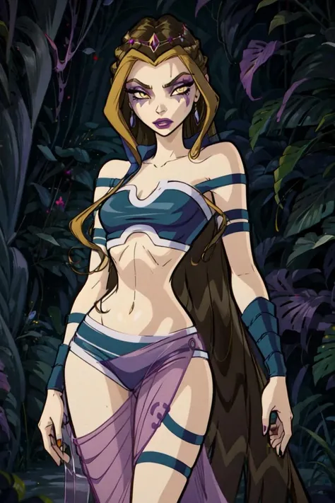 (Darcy), brown hair, yellow eyes, very long hair, purple background, purple magic, dark lighting, (realistic:1.2), (masterpiece:1.2), (full-body-shot:1),(Cowboy-shot:1.2), dark romantic lighting, (highly detailed:1.2),(detailed face:1.2), (gradients), colorful, detailed eyes, (natural lighting:1.2), solo <lora:add_detail:0.3> <lora:BeautifulEyes:0.6> <lora:WinxClubAmplifiedDarcy-10:0.9>