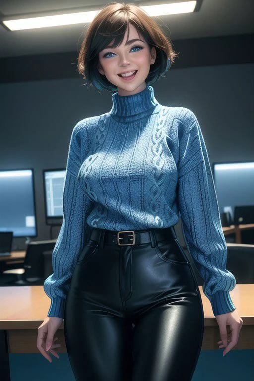 1girl, russian,solo,<lora:GoodHands-beta2:1>, (cowboy shot:1), bobcut hairstyle, short hair, brown hair, (blue eyes:1.5), long sleeve, turtleneck, (vivid azure long sweater:1.6), (leather long black pants:1.3), (masterpiece, best quality, hires, high resolution:1.2), (extremely detailed, realistic, intricate details, highres), (nipples under wear:1.1), 3d, (laughing:1.4), blush, eyeliner, eyeshadow, eyelashes, (medium breasts, saggy breasts:1.2), full thigh, (cinematic lighting, sunlight, volumetric), looking at viewer, pale yellow office background, film grain