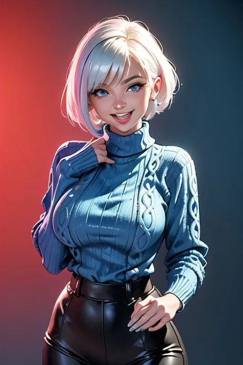 1girl,solo,<lora:GoodHands-beta2:1>, (cowboy shot:1), bobcut hairstyle, short hair, white hair, (blue eyes:1.2), deep neckline, long sleeve, turtleneck, (blue long sweater:1.6), (leather black pants), (masterpiece, best quality, hires, high resolution:1.2), (extremely detailed, realistic, intricate details, highres), 3d, (laughing:1.4), blush,, eyeliner, eyeshadow, eyelashes,, (gigantic breasts, saggy breasts:1.1), (cinematic lighting, sunlight, volumetric), looking at viewer, simple red background, vintage fantasy, 1960s \(style\), film grain,