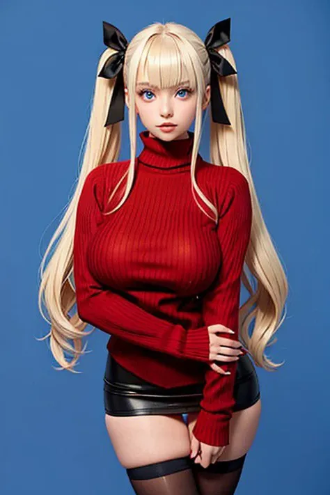 1girl, tohsaka rin, cleavage, solo, long hair, sweater, (red sweater:1.3), looking at viewer, blue background, platinum blonde hair, simple background, two side up, turtleneck, blue eyes, lips, closed mouth, ribbon, hair ribbon, bangs, turtleneck sweater, ((full body shot)), parted bangs, black ribbon, ribbed sweater, (deep neckline:1.2), twintails, nose, ((massive breasts)), full length view, covered nipples, edge areola slip, undersized clothes, slim hips, slim thighs
 <lora:hyperbreasts_v6:0.6>