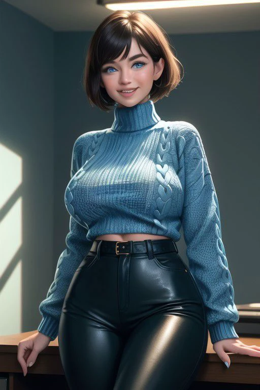 1girl, russian,solo,<lora:GoodHands-beta2:1>, (cowboy shot:1), bobcut hairstyle, short hair, brown hair, (blue eyes:1.5), long sleeve, turtleneck, (vivid azure long sweater:1.6), (leather long black pants:1.3), (masterpiece, best quality, hires, high resolution:1.2), (extremely detailed, realistic, intricate details, highres), (nipples under wear:1.1), 3d, (laughing:1.4), blush, eyeliner, eyeshadow, eyelashes, (massive breasts, saggy breasts:1.2), full thigh, (cinematic lighting, sunlight, volumetric), looking at viewer, pale yellow office background, film grain