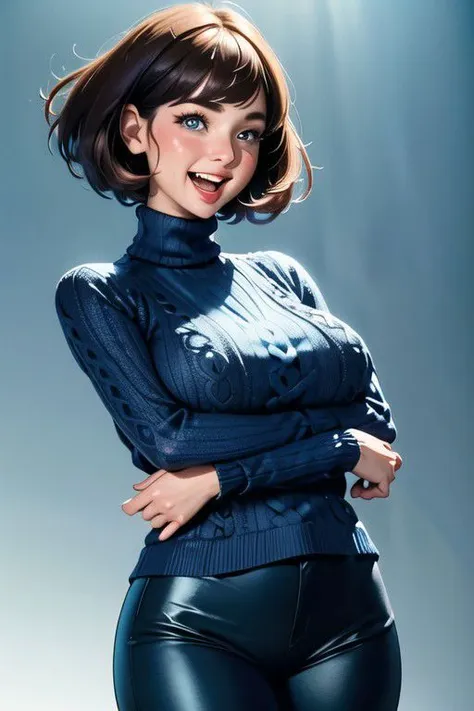 1girl,solo,<lora:GoodHands-beta2:1>, (cowboy shot:1), bobcut hairstyle, short hair, brown hair, (blue eyes:1.2), deep neckline, long sleeve, turtleneck, (blue long sweater:1.6), (leather black pants), (masterpiece, best quality, hires, high resolution:1.2), (extremely detailed, realistic, intricate details, highres), 3d, (laughing:1.4), blush,, eyeliner, eyeshadow, eyelashes,, (gigantic breasts, saggy breasts:1.1), (cinematic lighting, sunlight, volumetric), looking at viewer, simple red background, vintage fantasy, 1960s \(style\), film grain,