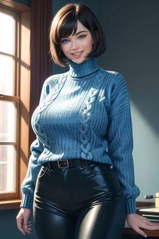 1girl, russian,solo,<lora:GoodHands-beta2:1>, (cowboy shot:1), bobcut hairstyle, short hair, brown hair, (blue eyes:1.5), long sleeve, turtleneck, (vivid azure long sweater:1.6), (leather long black pants:1.3), (masterpiece, best quality, hires, high resolution:1.2), (extremely detailed, realistic, intricate details, highres), (nipples under wear:1.1), 3d, (laughing:1.4), blush, eyeliner, eyeshadow, eyelashes, (massive breasts, saggy breasts:1.2), full thigh, (cinematic lighting, sunlight, volumetric), looking at viewer, pale yellow office background, film grain