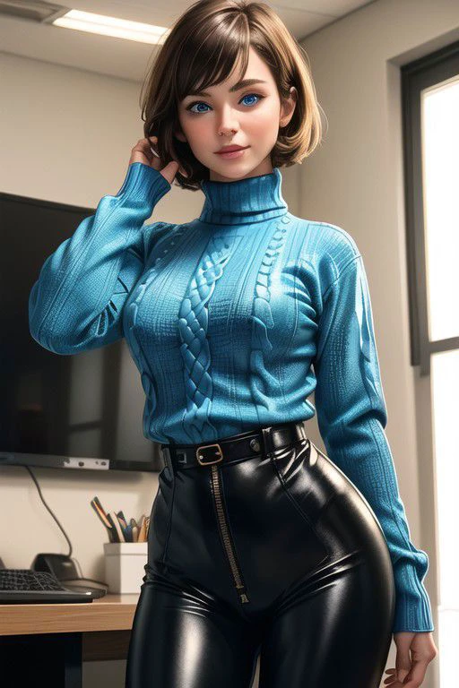 1girl, russian,solo,<lora:GoodHands-beta2:1>, (cowboy shot:1), bobcut hairstyle, short hair, brown hair, (blue eyes:1.5), long sleeve, turtleneck, (azure thigh length sweater:1.6), (leather long black pants:1.5), (masterpiece, best quality, hires, high resolution:1.2), (extremely detailed, realistic, intricate details, highres), 3d, (laughing:1.4), blush, eyeliner, eyeshadow, eyelashes, (gigantic breasts, saggy breasts:1.1), full thigh, (cinematic lighting, sunlight, volumetric), looking at viewer, pale yellow office background, film grain,