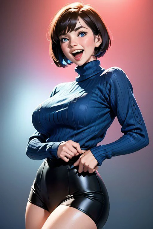 1girl,solo,<lora:GoodHands-beta2:1>, (cowboy shot:1), bobcut hairstyle, short hair, brown hair, (blue eyes:1.2), deep neckline, long sleeve, turtleneck, (blue long sweater:1.6), (leather black pants), (masterpiece, best quality, hires, high resolution:1.2), (extremely detailed, realistic, intricate details, highres), 3d, (laughing:1.4), blush,, eyeliner, eyeshadow, eyelashes,, (gigantic breasts, saggy breasts:1.1), (cinematic lighting, sunlight, volumetric), looking at viewer, simple red background, vintage fantasy, 1960s \(style\), film grain,