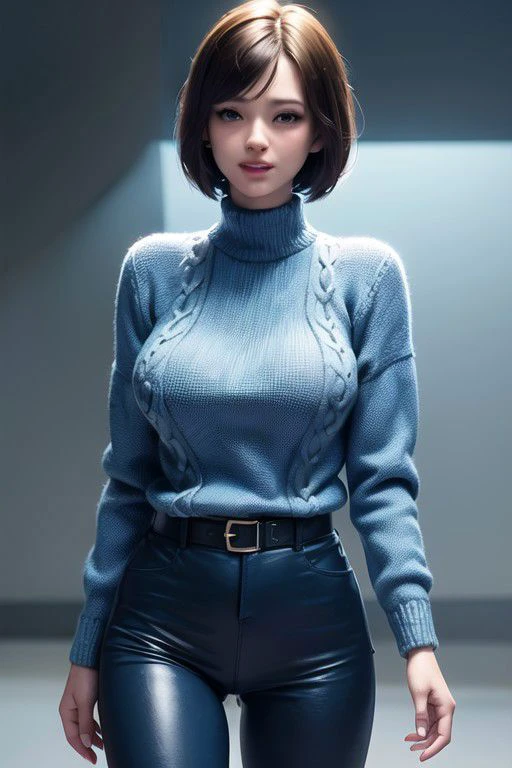 1girl, russian,solo,<lora:GoodHands-beta2:1>, (cowboy shot:1), bobcut hairstyle, short hair, brown hair, (blue eyes:1.5), long sleeve, turtleneck, (blue thigh length sweater:1.6), (leather long black pants:1.2), (masterpiece, best quality, hires, high resolution:1.2), (extremely detailed, realistic, intricate details, highres), 3d, (laughing:1.4), blush, eyeliner, eyeshadow, eyelashes, (gigantic breasts, saggy breasts:1.1), (cinematic lighting, sunlight, volumetric), looking at viewer, pale yellow office background, film grain,