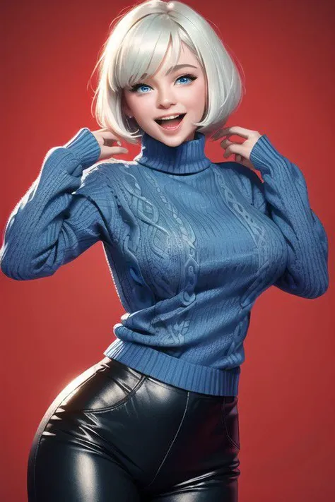 1girl,solo,<lora:GoodHands-beta2:1>, (cowboy shot:1), bobcut hairstyle, short hair, white hair, (blue eyes:1.2), deep neckline, long sleeve, turtleneck, (blue long sweater:1.6), (leather black pants), (masterpiece, best quality, hires, high resolution:1.2), (extremely detailed, realistic, intricate details, highres), 3d, (laughing:1.4), blush,, eyeliner, eyeshadow, eyelashes,, (gigantic breasts, saggy breasts:1.1), (cinematic lighting, sunlight, volumetric), looking at viewer, simple red background, vintage fantasy, 1960s \(style\), film grain,