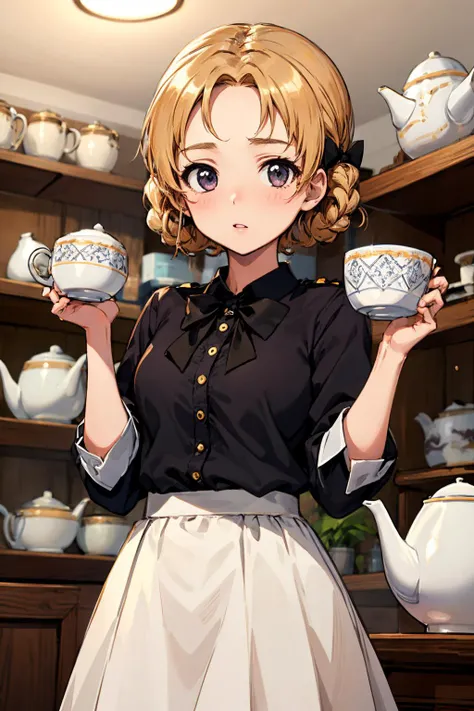 masterpiece,best quality,highres,ultra-detailed,aapekoe,short hair,braid,hair bow,black bow,parted bangs,<lora:orange_pekoe:0.7>, cup, holding cup, tea, teacup, teapot, tied hair, twin braids, uniform, white skirt