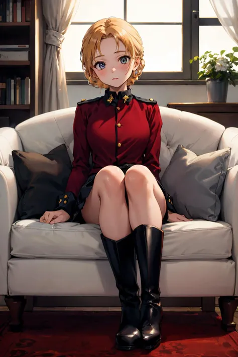 masterpiece,best quality,highres,ultra-detailed,bbpeko,short hair,braid,black bow,parted bangs,st. gloriana's military uniform,epaulettes,red jacket,long sleeves,skirt,black skirt,boots,black footwear,,<lora:orange_pekoe:0.7>,
, sitting, sofa, living room, indoors,