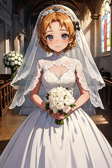 (masterpiece), best quality, (((ultra detailed, 8k quality))), expressive eyes, perfect face, perfect anatomy, perfect body, scene, <lora:scene_:0.7>, <lora:beautiful_detailed_eyes:0.5>, aapekoe,short hair,braid,hair bow,black bow,parted bangs,<lora:orange_pekoe:0.7>,(wedding dress:1.2),white dress,(veil:1.2),church,smile, indoor,,standing,cowboy shot,holding bouquet,