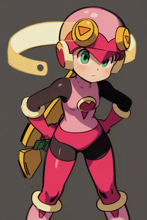 masterpiece, best quality, 1girl, rollexe, helmet, blonde hair, green eyes, bodysuit, pink gloves, pink boots, hands on hips, simple background <lora:Rollexe:1>