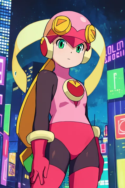 masterpiece, best quality, 1girl, rollexe, helmet, blonde hair, long hair, green eyes, bodysuit, gloves, looking at viewer, solo, night, city light, contrapposto, standing, night sky, cyberpunk city background <lora:Rollexe:1>